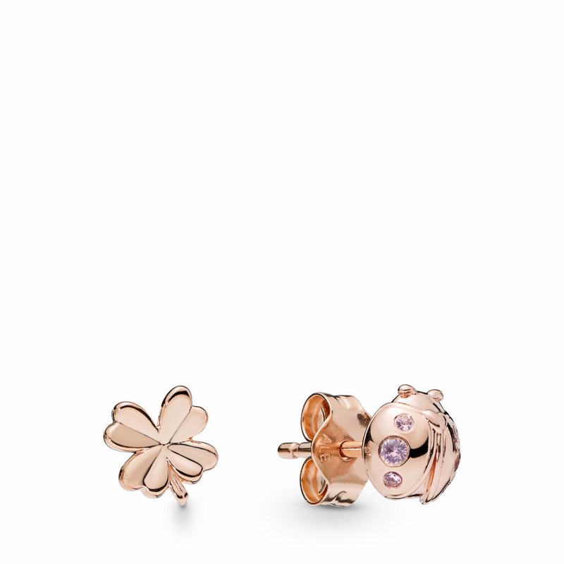 Pandora Rose™ Four-leaf Clover & Ladybird Stud Earrings Ireland - Pandora Rose/Pink/Crystal - 421960